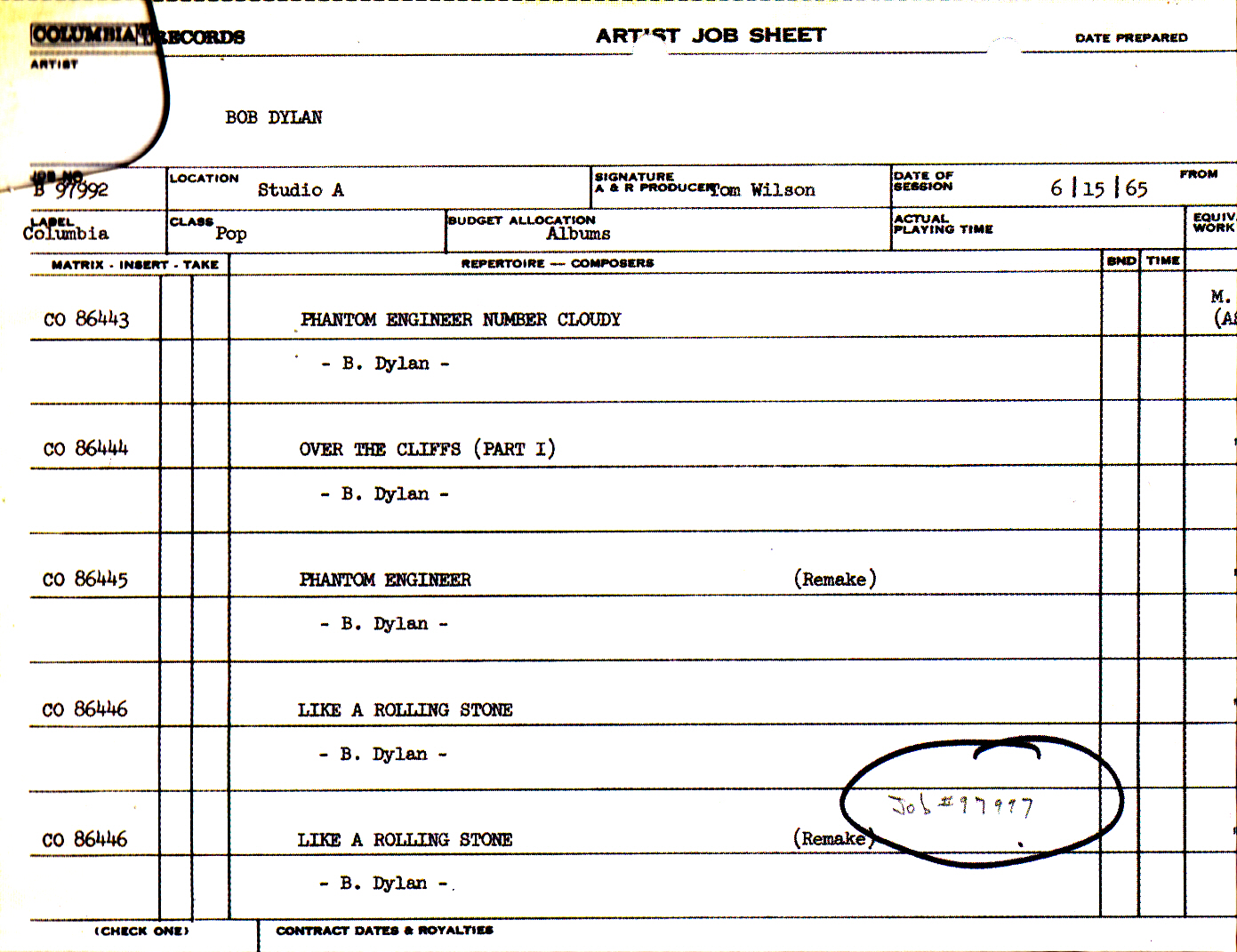Artist Job Sheet for recording session 15 June 1965 