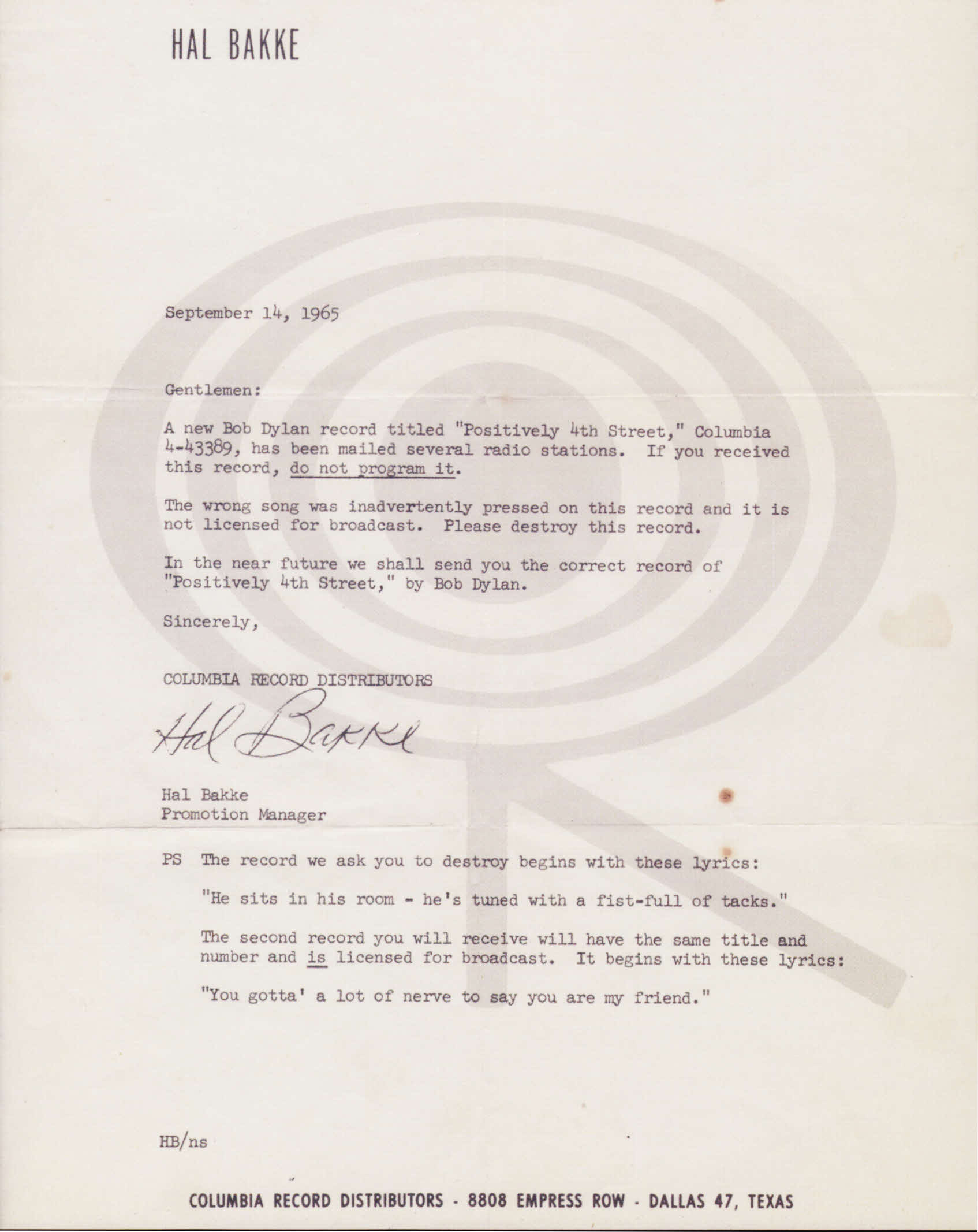 Columbia letter to radio stations, Sep 14, 1965